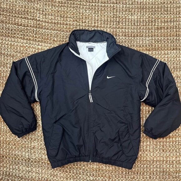 Vintage White Black Nike Puffer Jacket Spell Out (XL) Back Y2K Silver Tag - Picture 1 of 9